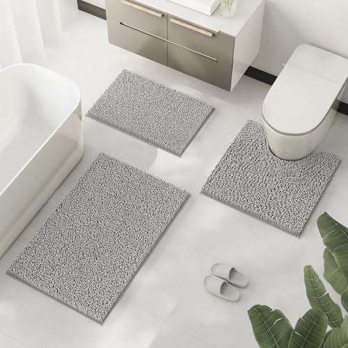 RUN HELIX Bathroom Rugs Set 3 Pieces Extra Soft and Absorbent Shaggy Non-Slip Bath Rugs, Chenille Bathroom Mats, Bathrooms Set with Toilet Rugs, Perfect Bath Mats for Bath Tub, Shower, Light Grey