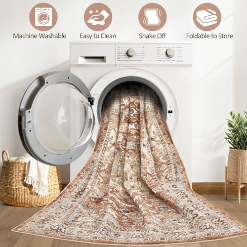 9x12 Area Rug Living Room: Machine Washable Boho Large Vintage Soft Rugs Stain Resistant Farmhouse Oriental Non Slip Indoor Floor Carpet for Bedroom Nursery Kids Playroom Office Dining Room- Red Brown