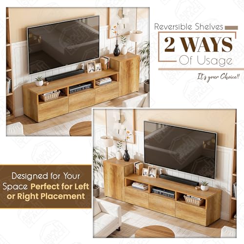 Image of ABOUT SPACE TV Unit - Engineered Wooden TV Stand 32 inch to 50 inch Cabinet with Bottom Closed /Open Storage, Adjustable Side Cabinet, Cable Hole for WiFi Router Stand Console Table for Living Room (CM Oak)