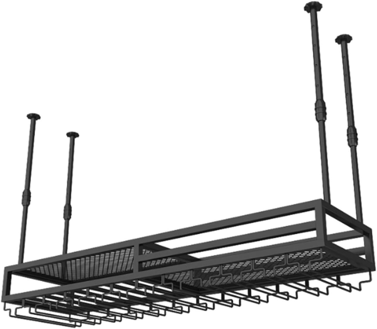 Suspended Ceiling Wine Rack,2-Layer Metal Hanging Wine Bottle Racks,Adjustable Height (11.8"–23.6") Hanging Stemware Holder,Industrial Iron Floating Shelf for Kitchen Organizer (Black, 60x30cm)