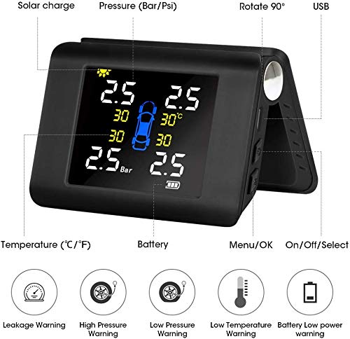 【Big Screen】TPMS Solar Power Tire Pressure Monitoring System with 4 External Sensors LCD Real-time Display Car Tire Pressure Auto Alarm System Universal - Thumbnail 6