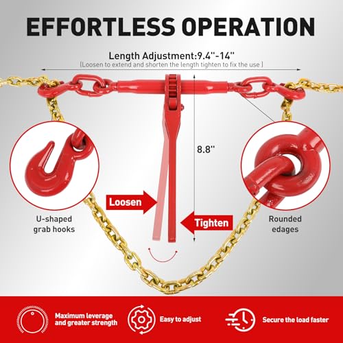 Image of FAHKNS 2 Pack 1 /4 inch-5 /16 inch Ratchet Binder with Chains Kit, G80 Chains 1 /4 inch x 12 FT-3150 lbs Safety Load Limit Heavy Duty Transportation