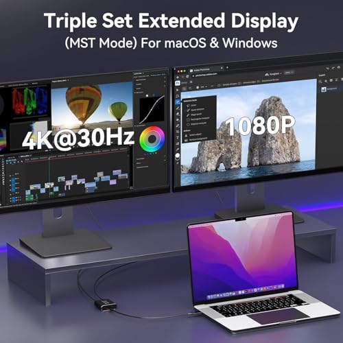 Image of HDMI Splitter Extended Display for Dual Monitor USB A & C to 2 hdmi Adapter 1 in 2 Out for Laptop Mac Triple Set Support MST & SST Modes; 4K@30Hz Out 1, 1080p Out 2