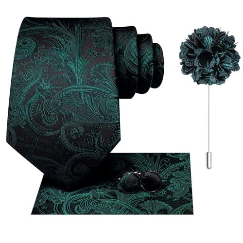 Image of Hi-Tie Mens Paisley Floral Striped Ties Set Silk Necktie and Lapel Pin for Men Pocket Square Cufflinks Set Business Wedding