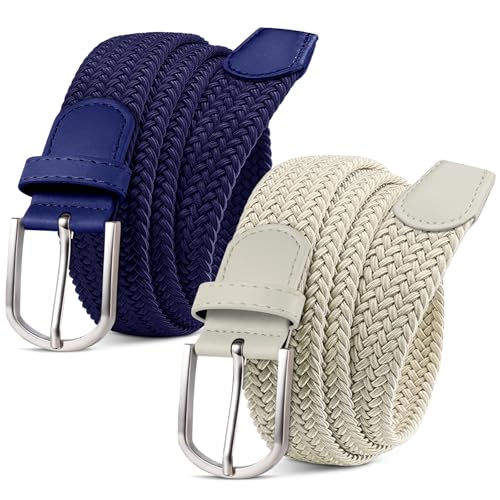 MATLAB Lot de 2 Ceintures Tressées Élastiques Unisexe – Ceintures Extensibles en Tissu Stretch pour Homme et Femme, Largeur 3,3 cm, Bleu + Beige, 110 cm
