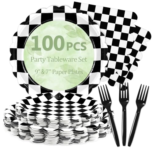 Image of 100 Pcs Black Checkered Paper Plates and Napkins Disposable Set for Party