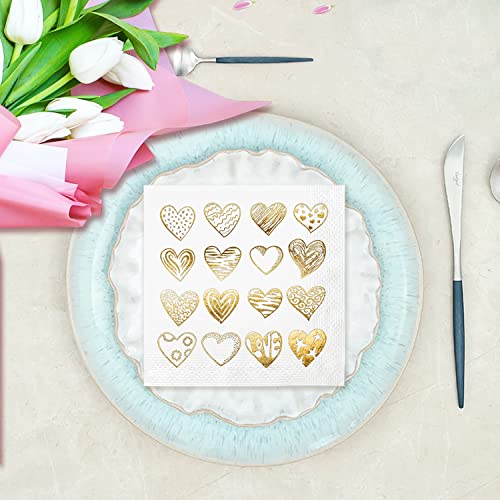 Hearts Napkins Cocktail Disposable Paper Gold Foil 100 Pieces Pack 2 Ply 5"X5" Inches Beverage Saint Valentine Party Or Event Supplies #TOP7