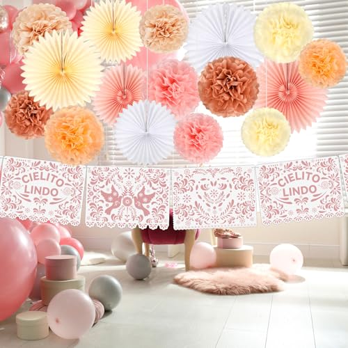 YooNotee 18 Pcs Cielito Lindo Party Decoration Cielito Lindo Decorations Hanging Paper Fans Pom Poms and Paper Banner for Bridal Shower, Fiesta, Engagement, Mexican Baby Shower (Pink) by YooNotee - Image 7