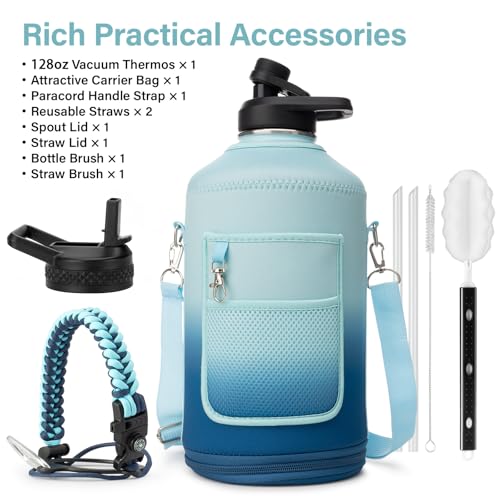 1 Gallon Water Bottle Insulated | Thickened Stainless Steel Vacuum Metal Water Jug | Portable Sports Large for Gym and Hiking with Straw, Carrier Bag, Handle Strap | BPA-Free 128 oz