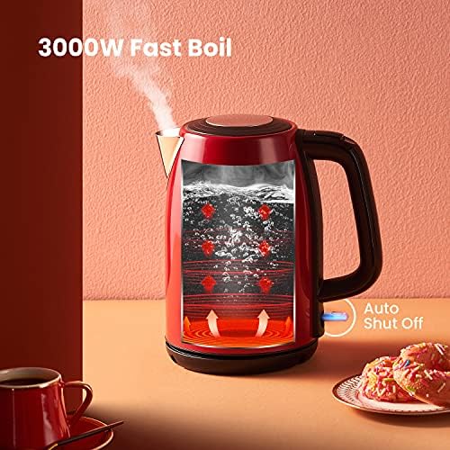 COMFEE' Electric Kettle 3000W Fast Boil, 1.7L Brushed stainless steel Kettle Cordless with Auto Shut-Off & Boil-Dry Protection, BPA-Free Material, 360° Rotating Base & Removable Filter