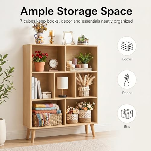 Image of HealSmart 7 Cube Storage Organizer, 3 Tier Bookshelf with Legs, Free Standing Cube Bookcase for Living Room, Bedroom, Office, Wood