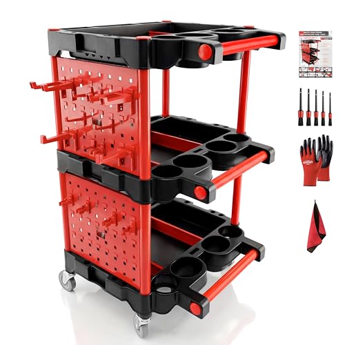Image of Auto Detailing Cart with Wheels, 3 Tier Rolling Detail Cart with Long Hanging Plate & Hooks & Brush & Towel and Gloves, for Detailers Garage, Workshop, Repair Shop, Storage Tool