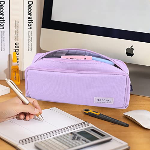 Image of MAMUNU Large Capacity Pencil Case, 3 Compartments Canvas Pencil Pouch with Zipper, Aesthetic Pencil Bag Pen Pouch for School Office Students Teen Girls Boys, Purple