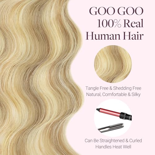 Image of GOO GOO Sew in Hair Extensions Real Human Hair, Micro Beaded Weft Hair Extensions Human Hair, 16 /22 Light Blonde Highlights Golden Blonde 18 Inch 100g, Pre-attached Beads, Natural Volume
