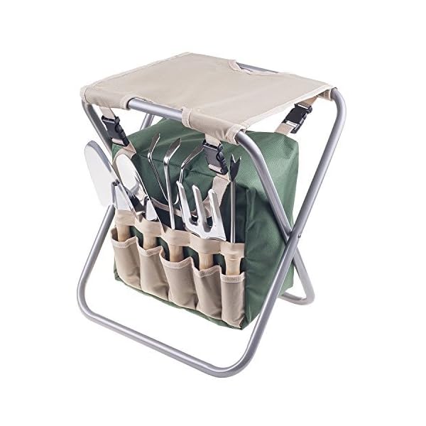 Pure Garden Folding Garden Stool with Tool Bag Plus 5 Garden Tools