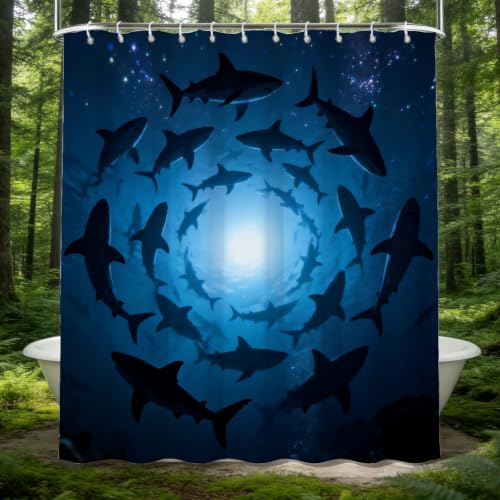 Rideau de douche anti moisissure 3D requin avec anneaux de fixation inclus - 2