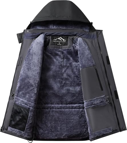 Tansozer Herren Winterjacke Warm Gefüttert Outdoor Jacke Wasserdicht Atmungsaktiv Wanderjacke Winter Schneejacke, Dunkelgrau-Schwarz, L