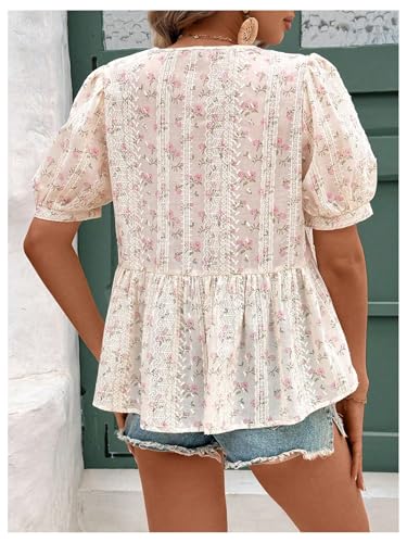 WDIRARA Women's Floral Print Bow Tie Front Blouse Puff Short Sleeve Round Neck Peplum Babydoll Shirt2