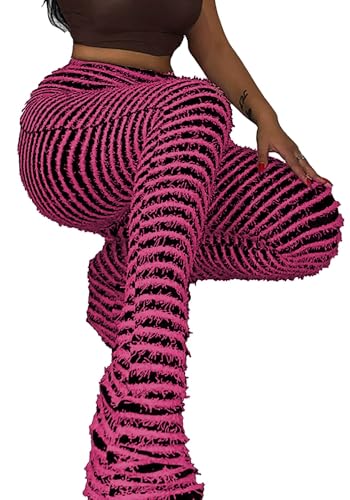 Wcuvbv Stacked Pants for Women Fuzzy Striped High Waist Patchwork Bodycon Bell Bottoms Sweatpants Pink L - image 2