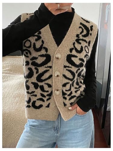 GORGLITTER Women's Leopard Button Up Sweater Vest Cheetah Print Sleeveless Office Knit Trendy Vests Top4