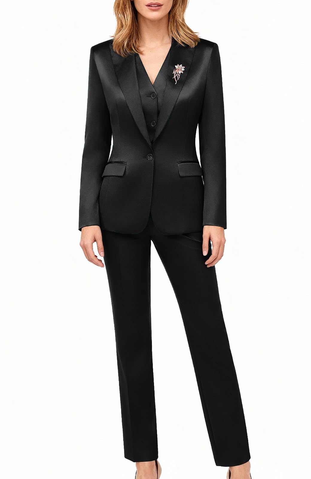 Womens 3 Pieces Satin Suit Black Peak Lapel Fashion Outfits Casual Party Wedding Blazer Jacket Vest Pants Set
