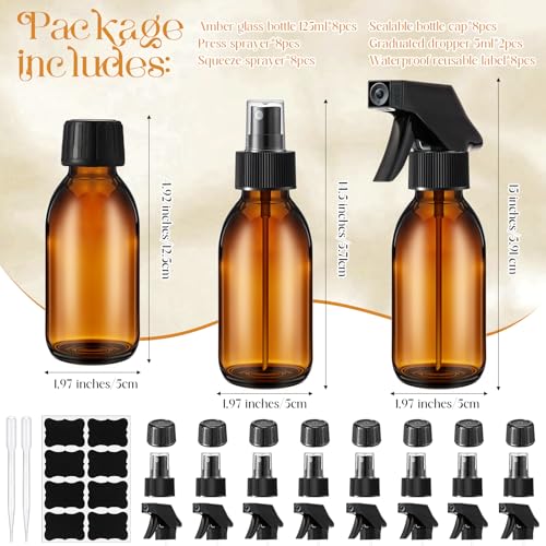 Honeydak 8 Set 4 oz Amber Glass Spray Bottles Kit Small Empty Spray Bottle for Essential Oil Mini Fine Mist Spray Bottle with Nozzle Dropper Label Refillable Container for Cleaning Solutions Skin Care2