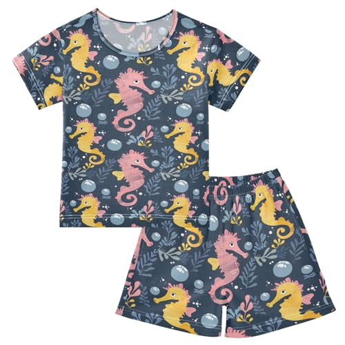 ALAZA Seahorse Leaves Navy Blue Pajamas Short Sleeve 2 Piece Sleepwear Top and Bottom Pajama Set Unisex