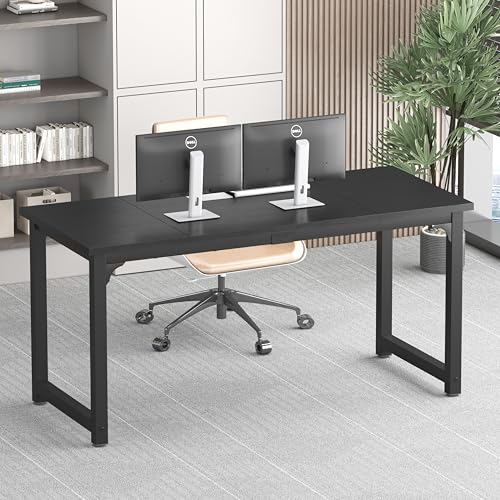 Image of NSdirect 63 inch Computer Desk,Modern Simple Style PC Table Office Desk Wide Workstation for Study Writing,Gaming and Home Office,Extra 1 inch Thicker Wooden Tabletop and Black Metal Frame,Black
