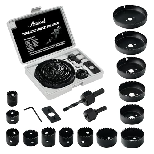 Axelord Hole Saw Set, 19Pcs Hole Saw Kit with 3/4\" to 5\" (19mm-127mm) Saw Blades, Mandrels, Drill Bits, Installation Plate, Hex Key, Ideal for Soft Wood, Plastic, PVC Board, Drywall with Storage Case