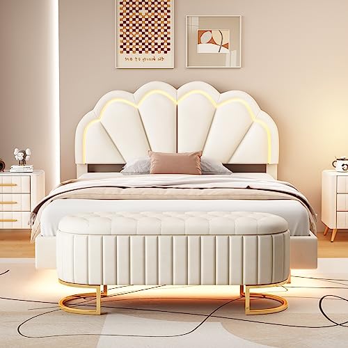 RanRan Cama tapizada con sofá plegable, marco de cama flotante acolchado con iluminación LED y diseño único del cabecero, cama doble plana, tela de terciopelo (beis, 140 x 200 cm)