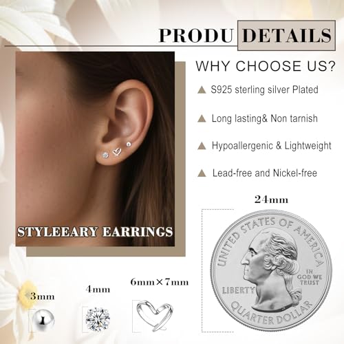 Sterling Silver Stud Earrings for Women, Hypoallergenic Stack Cartilage Earrings, Multiple Piercing Lightweight Mini Thin Cute Dainty Trendy Jewelry Set Gifts for Women3