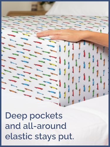 Image of Kids Queen Size Racecars Bed Sheets - 4 Piece Kids Racecars Sheet Set | Racecars Themed Bedding, Ultra-Soft, Cute & Cozy, Breathable & Machine Washable, Bed Set for Boys, Girls & Teens, Breathable