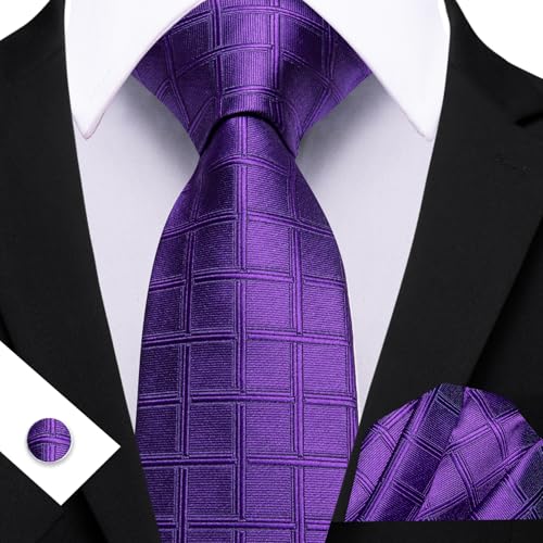 Image of Barry.Wang Plaid Ties Check Mens Necktie Set with Handkerchief Cufflinks Classic Stripe