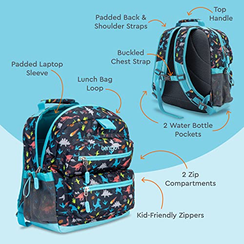 Bentgo® Kids Backpack - Lightweight 14” Backpack In Unique Prints For School, Travel, & Daycare - Roomy Interior, Durable & Water-Resistant Fabric, & Loop For Lunch Bag (Dinosaur) #TOP2