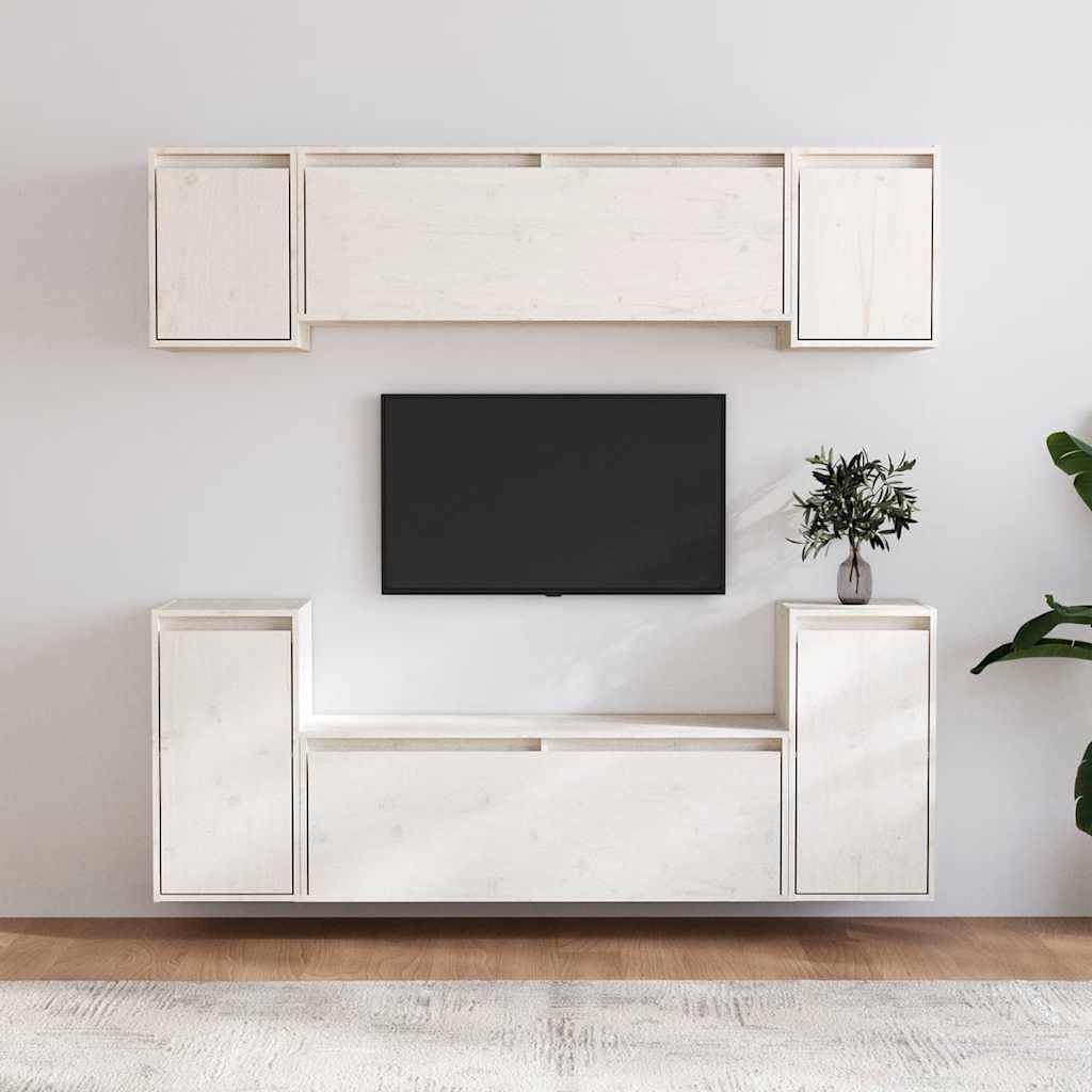 TV-Schränke 6er Set, Weiß Massivholz Kiefer, Modernes Wohnzimmer Media Center, vielseitige Aufbewahrung für Schlafzimmer und Sala