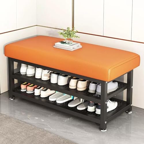 Banc à chaussures d'entrée avec coussin en cuir et rangement à 2 niveaux