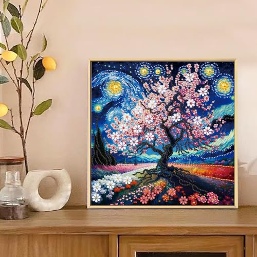 Image of AiYuanzsh 5D Special Shape Diamond Art Kits for Adults, Cherry Blossom Tree Diamond Painting Kit, Starry Sky Style Crystal Rhinestone Diamond Art for Wall Decor Gift, 12x12 Inch