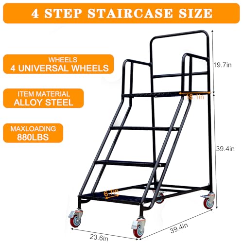Image of 4 Step Rolling Ladder - Mobile Rolling Stairs with Wheels, Heavy Duty Industrial Safety Non-Slip Metal Rolling Ladders, 880lbs Capacity, for Warehouse, Garage, Supermarket