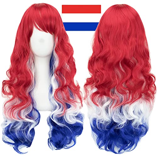 IMISSU Flag Color Design Hair Cosplay Wigs with Bangs Halloween Costume Wig (NL Flag Red White Blue)