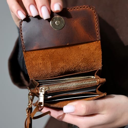 Genuine Leather Handmade Wallet for Women Cute Handstitched Zipper Coin Purse Money Credit Card Holder Wristlet Mini Pouch4