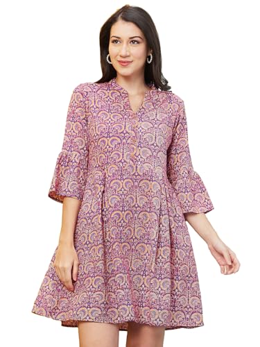 Image of Globus Women Red Allover Ethnic Motifs Print Mandarin Collar A-Line Dress-3640070001