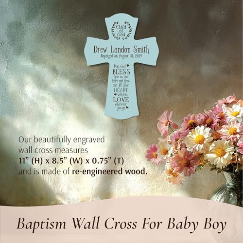 Image of LifeSong Milestones Blue Wood Baptism Cross Ornament: Remembrance and Gifts for Boys - 1st Communion, Baptismal, Christening, and Special Occasions 8.5x11