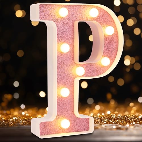 Image of Small Led Marquee Letters, Light Up Letters, 8.58 Inch Led Letter Lights, Battery Powered Lighted Sign for Table, Party, Birthday, Christmas Decor (Pink Glitter, Letter P)