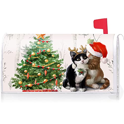 Image of Texupday Merry Christmas Cute Cat Kitten Decoration Mailbox Cover with Magnetic Strip Winter Mailbox Wraps Post Letter Box Cover Standard Size 21 inch X 18 inch Garden Outdoor Yard Decor