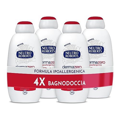 Neutro Roberts Bagnoschiuma Corpo Dermazero Ipoallergenico, Ottimo per Pelli Delicate e Sensibili, Privo di Sapone e Coloranti, Adatto a Uso Quotidiano e per l'Igiene dei Bambini, 4 Flaconi da 600 ml