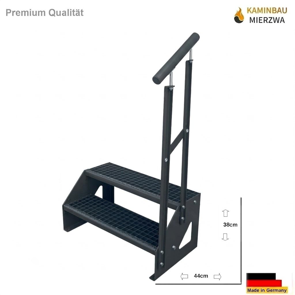 Schody podestowe stalowe 2 stopnie, wolnostojące, wysokość 38 cm, łącznie z podestem 100 x 100 cm, z poręczą, w całości w kolorze antracytowym RAL 7016, orientacja, schody, lewa, schody zewnętrzne