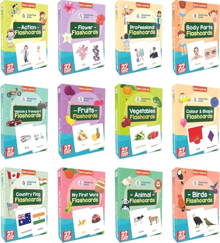 Image of Spartan Kids Flash Cards Combo Set of 12, Flash Cards for 1 Year Old Baby, Early Learning Flash Card Pack for 3 Year Old and Newborn Vocabulary Building