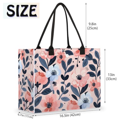 Pink Flowers Blue Leaves Tote Bag for Women Large Beach Bag Reusable Tote Bags for Work Travel Beach Shopping2