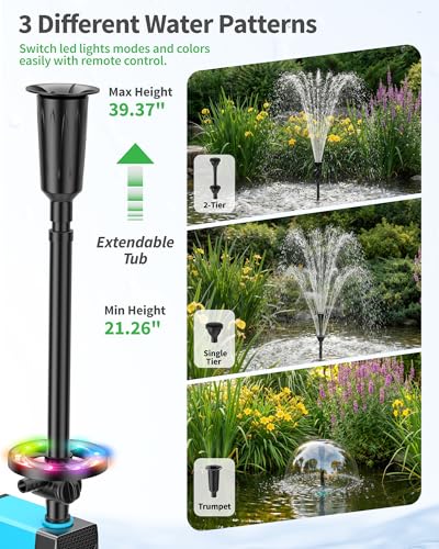 Image of POPOSOAP Pond Pump with LED Lights, 660GPH Submersible Pump RGB Pond Filter System with Adjustable Height & Water Flow for Garden Pond Fish Tank Day & Night Pond Decoration -P1104D