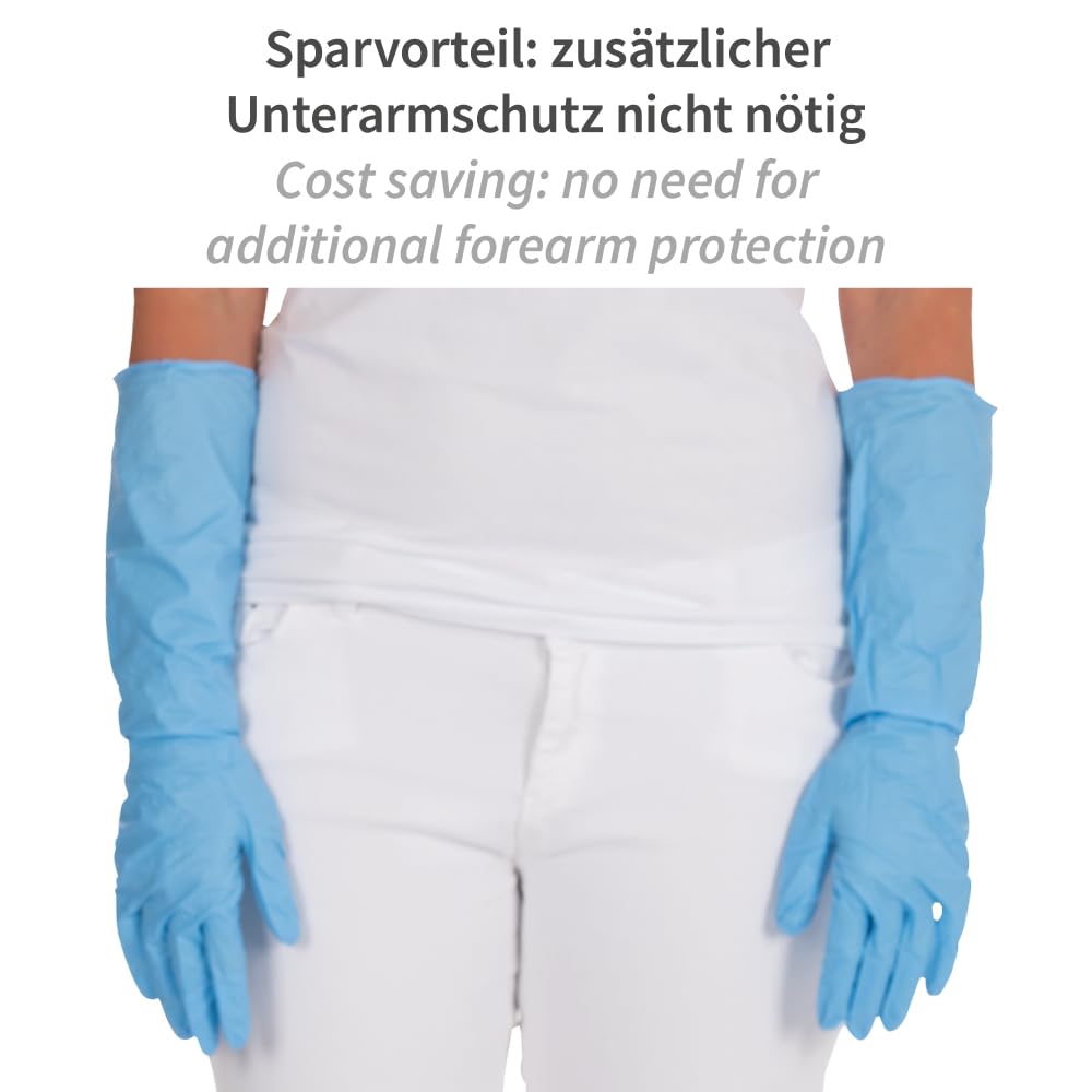 FRANZ MENSCH 50 pezzi Guanti in nitrile Hygostar Extra Safe Superlong, 40 cm | senza polvere, confezione, blu, 7/S, L: 40cm, guanti in nitrile, guanti protettivi, guanti monouso